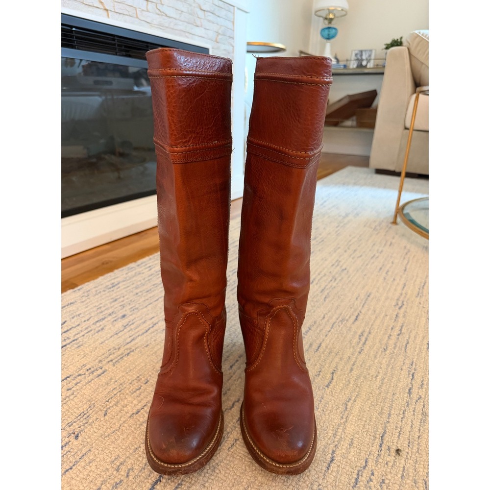 Frye Campus Tall Leather Boots Cognac Brown Stacked Block Heel Pull On Size 9